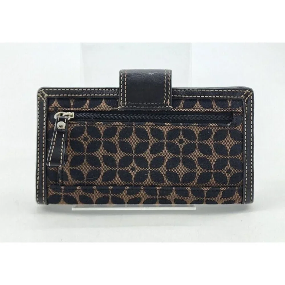 Vintage Fossil Wallet Bi-Fold Brown Textile/Leather Snap Front Zip‎ Pocket 7